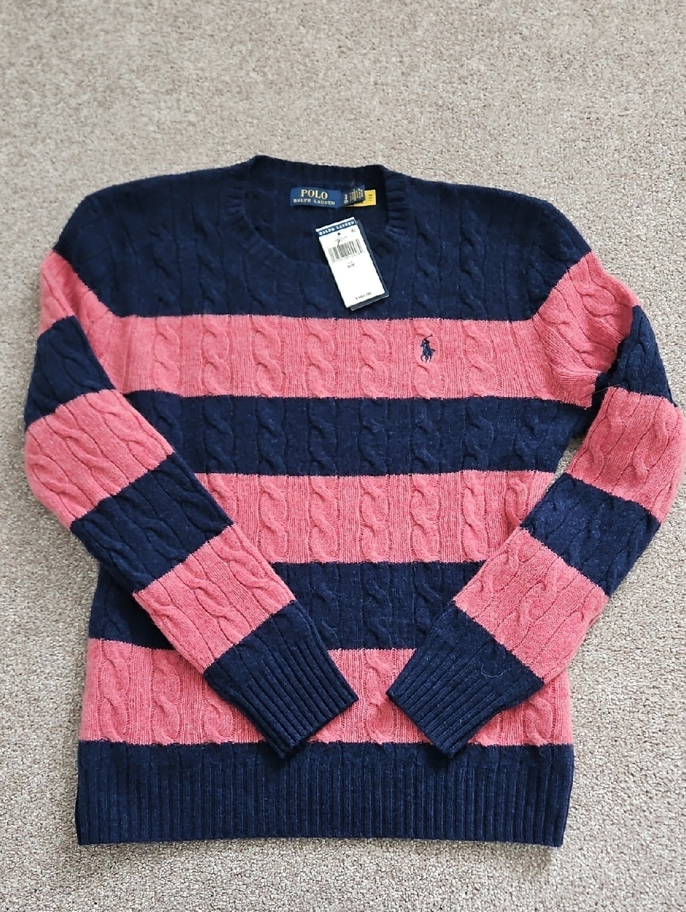 Polo by Ralph Lauren Navy and Pink Striped Cable-Knit Crewneck Sweater